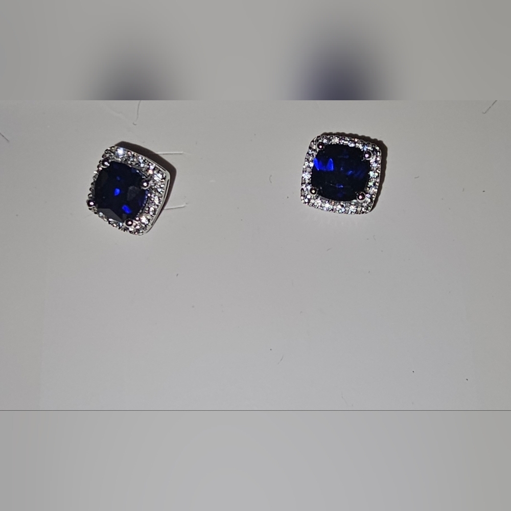 Elegant Blue Sapphire & CZ Diamond Sterling Silver Stud Earrings